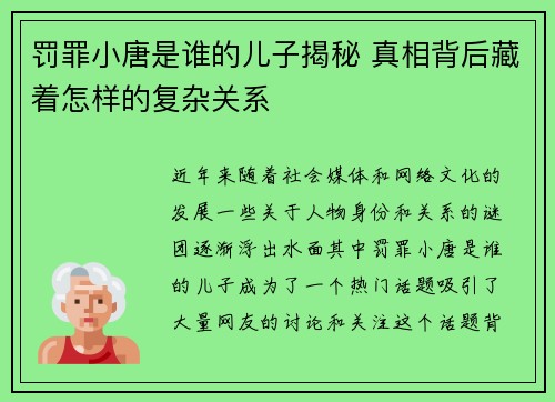 罚罪小唐是谁的儿子揭秘 真相背后藏着怎样的复杂关系 罚罪小唐是谁的儿子揭秘 真相背后藏着怎样的复杂关系